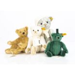 Four Steiff yellow tagged teddy bears, Green Apple bear, Teddy Nicholas, Lumia 25 Alpaca weiss