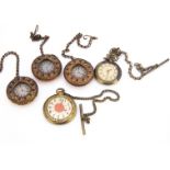 Five toy pocket watches ideal for a teddy bear, three 1920s copper painted tinplate half-hunters