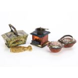 Three Penny Toy doll’s accessories, a spirit painted tinplate coffee grinder —2¼in. (6cm.) high (