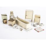 Pit-A-Pat and similar dolls’ house items, Pit-A-Pat comprising a pale green cardboard ‘Lloyd Loom’