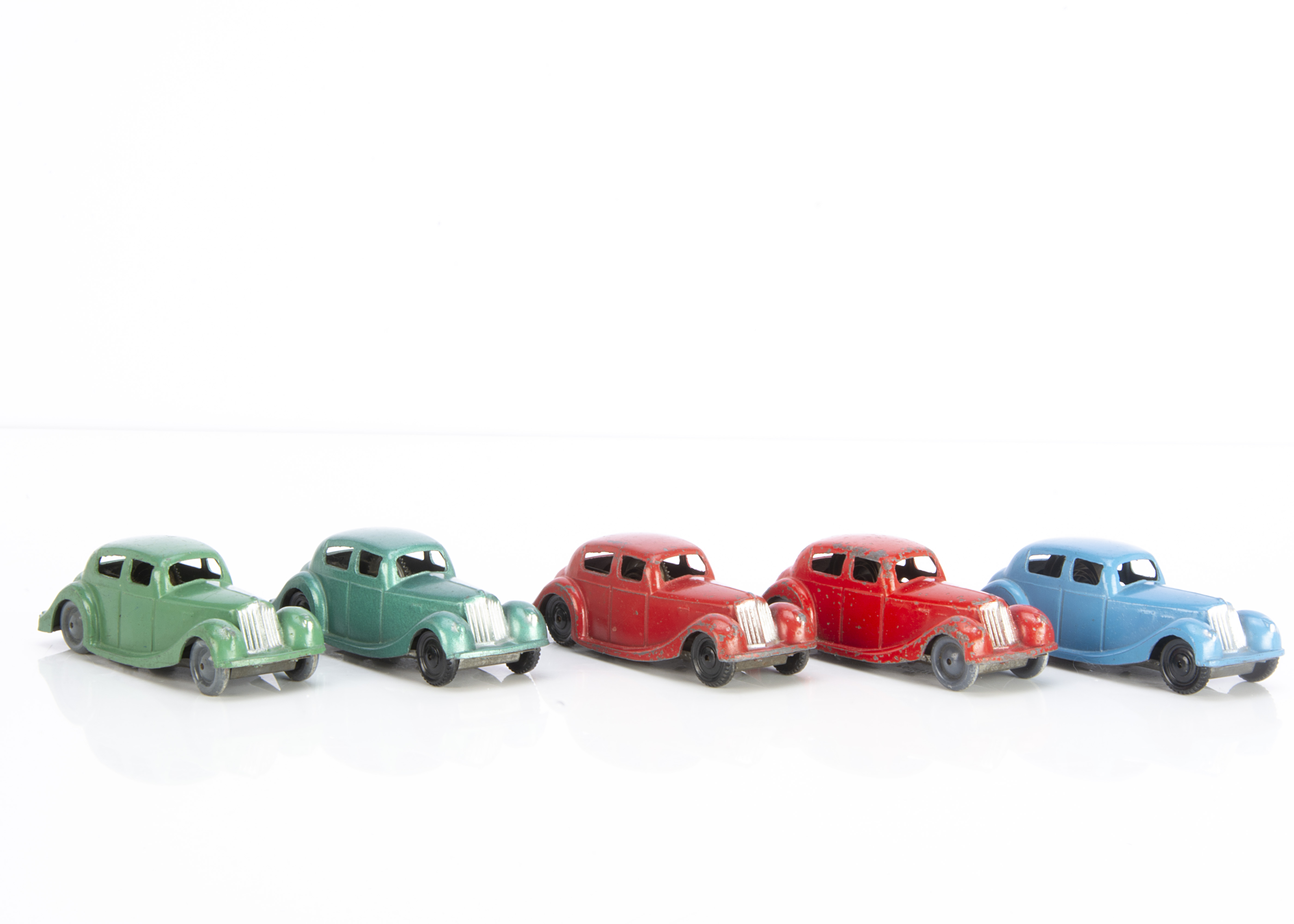 Brimtoy Pocketoy Clockwork No.502 Sunbeam Talbot, five examples, metallic green, red, blue, with