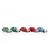 Brimtoy Pocketoy Clockwork No.502 Sunbeam Talbot, five examples, metallic green, red, blue, with