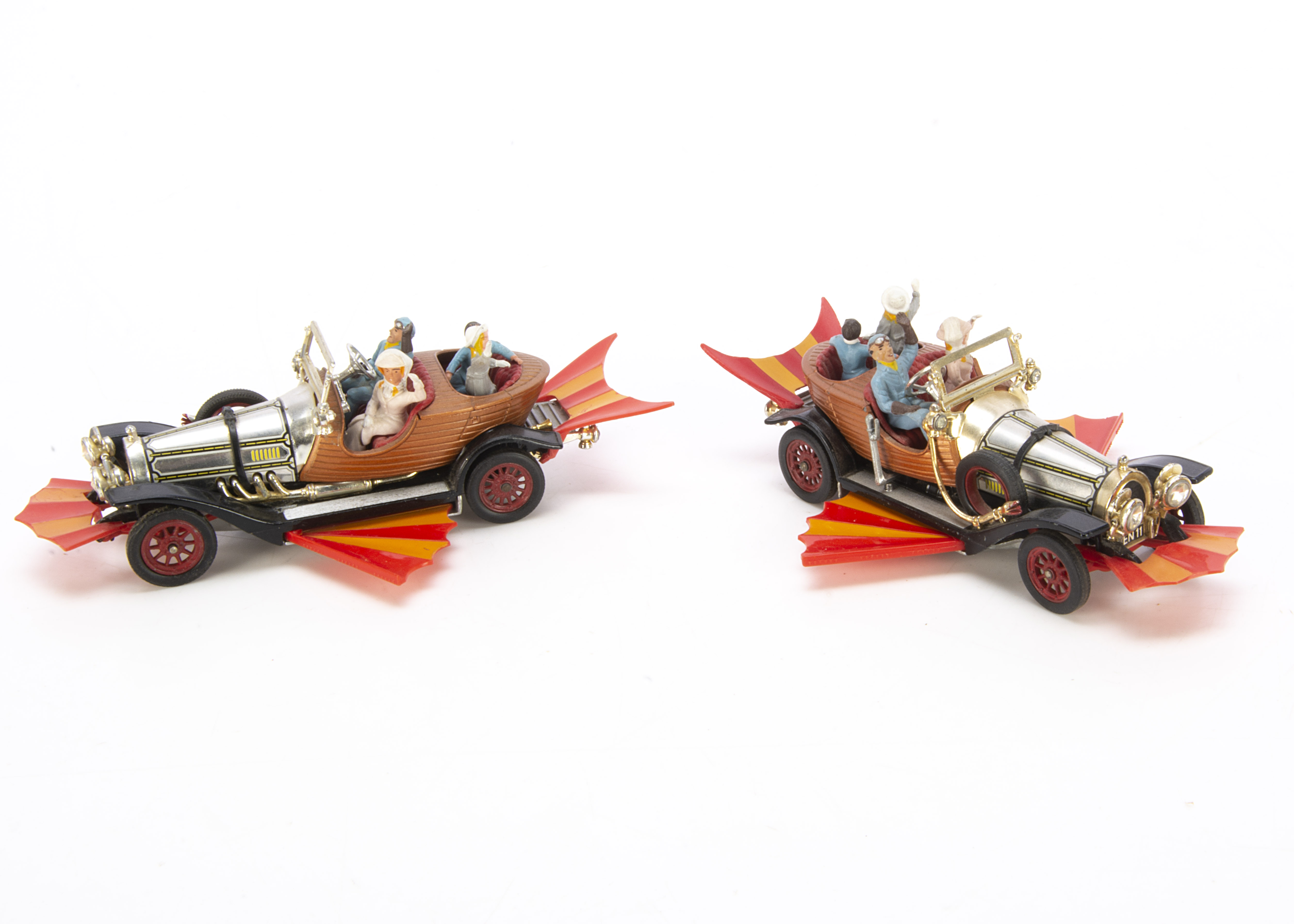 Corgi Toys 266 Chitty Chitty Bang Bang, two examples, both chrome, brown and red body, black