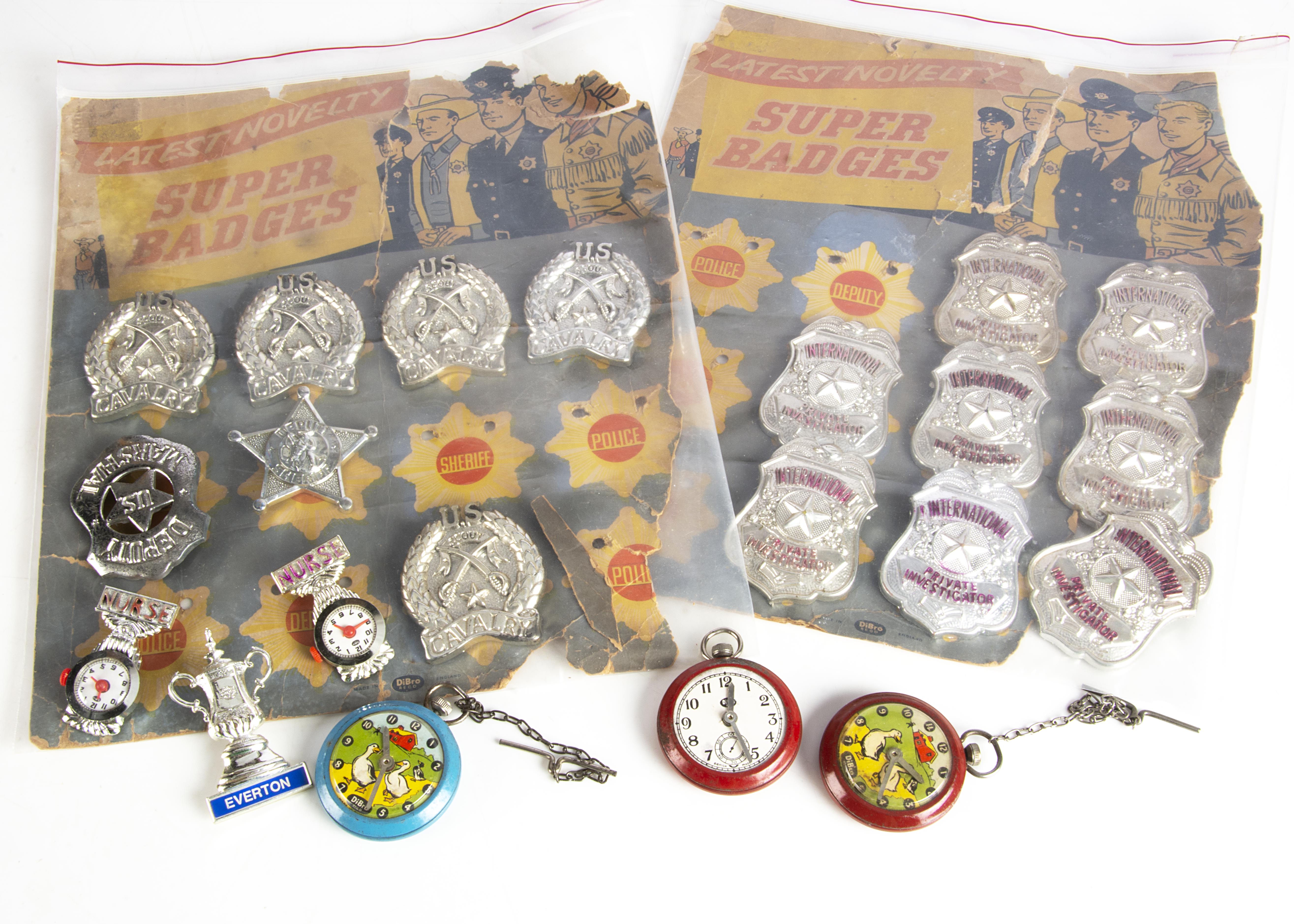 Dibro Toys, including two Super Badges shop display cards, first with six badges, second with