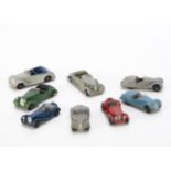 Dinky Toys Sports Tourers, 38f Jaguar SS100 (2), red body, maroon interior, dark blue body, grey
