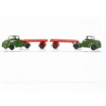 River Series Articulated Flat Lorry, two examples, both dark green cabs, red flatbeds, black plastic