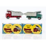 Maxwell Toys No.575 Dump Truck, two examples, red cab, silver tipper, teal green cab, silver tipper,