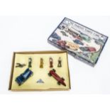 Timpo Toys Petrol Station Set No.1, comprising Open Tourer, blue, MG Record Car, red, three Petrol