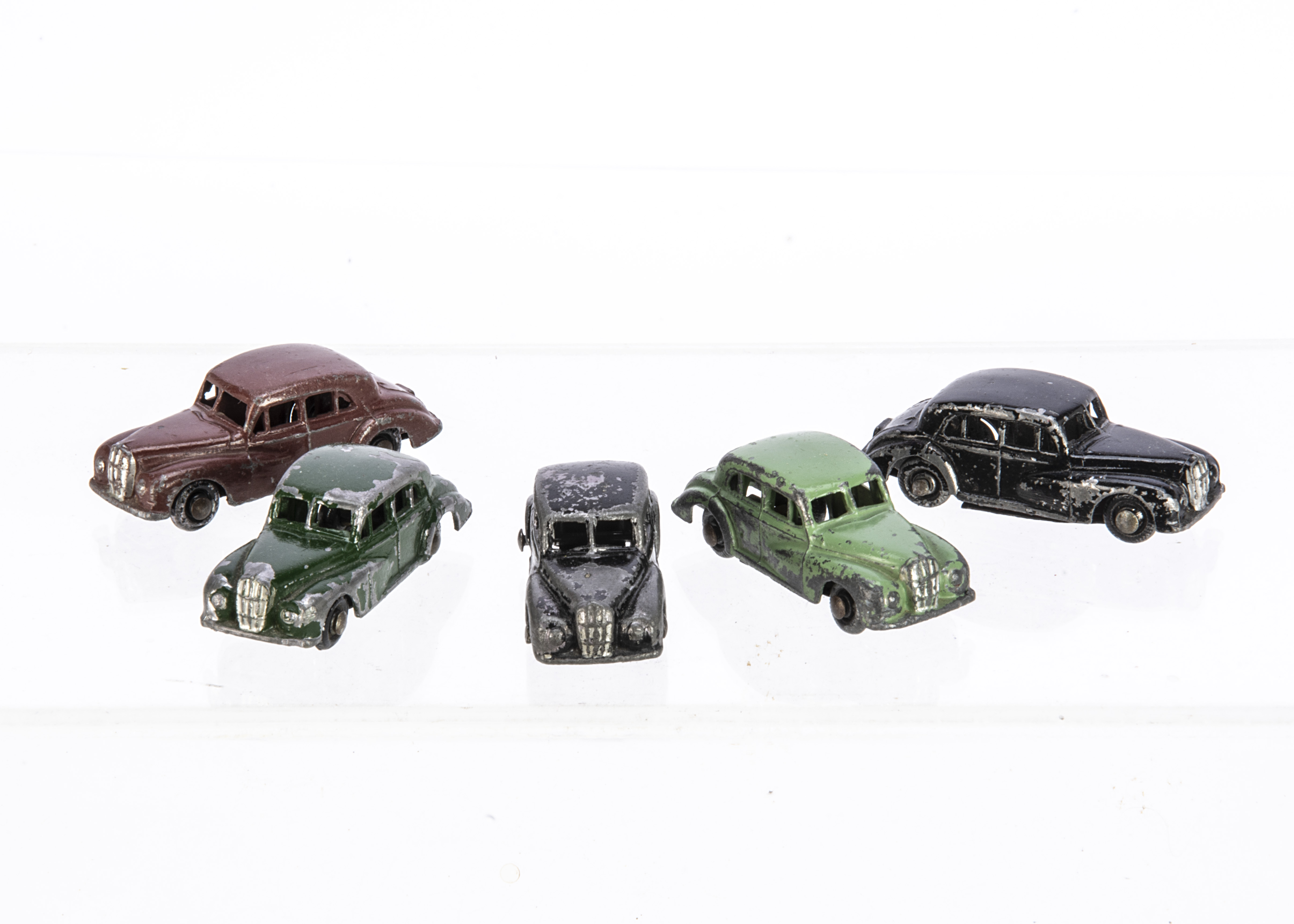 Bradscar OO Scale Morris Six, five examples, black (2), pale green, dark green, reddish-brown, two