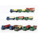 Timpo Plastic Gyro Toys, Transport Truck (2), Brick Truck (2), 'Atom Load' Truck (2), 'Timpo Export'