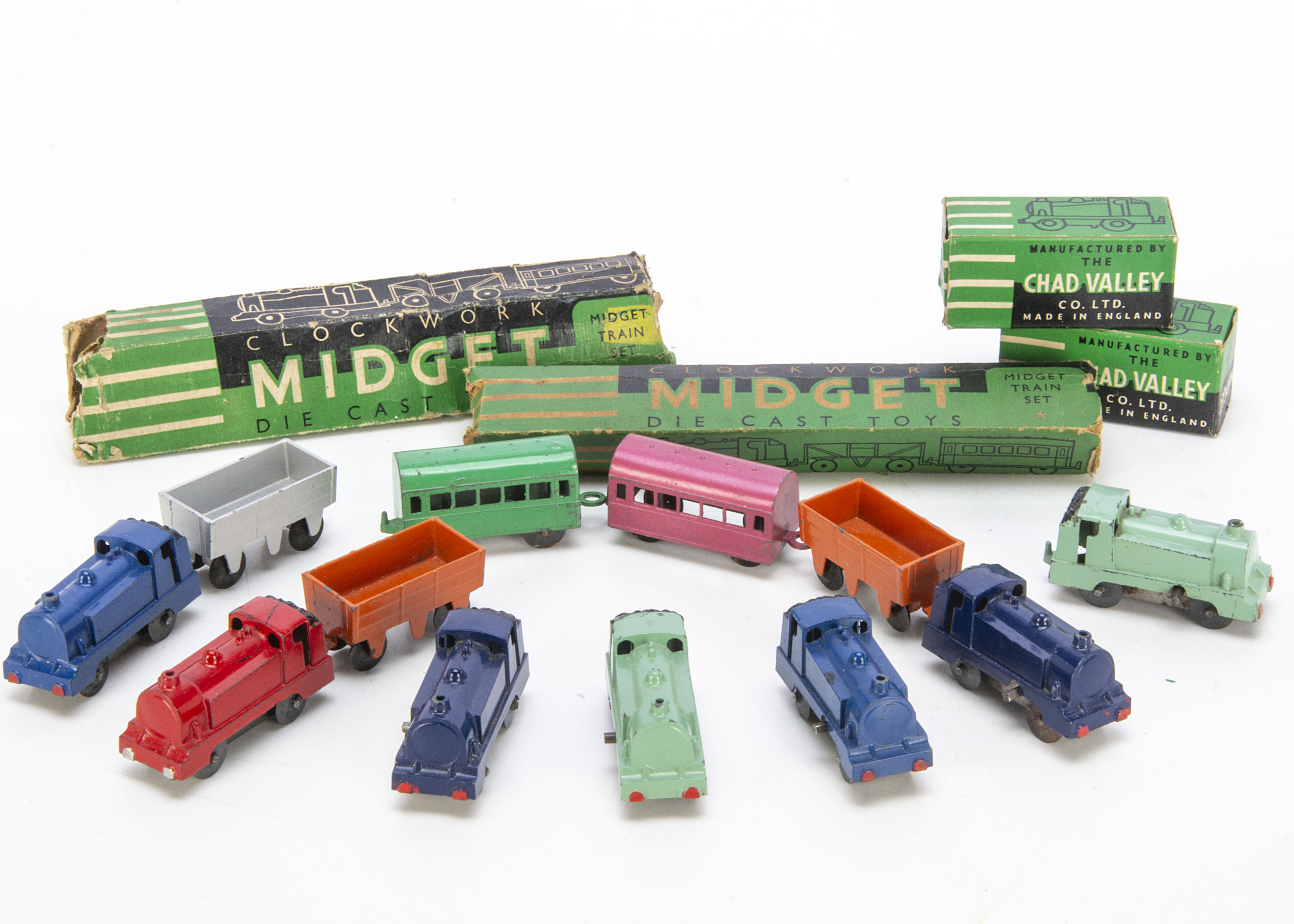 Chad Valley Clockwork Diecast Midget Trains, Midget Train Set (2), comprising Loco, Wagon and Coach,