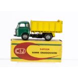 A CIJ Ref No.4/80 Saviem LRS Tipper Truck, green cab, black chassis, yellow tipper, grey plastic