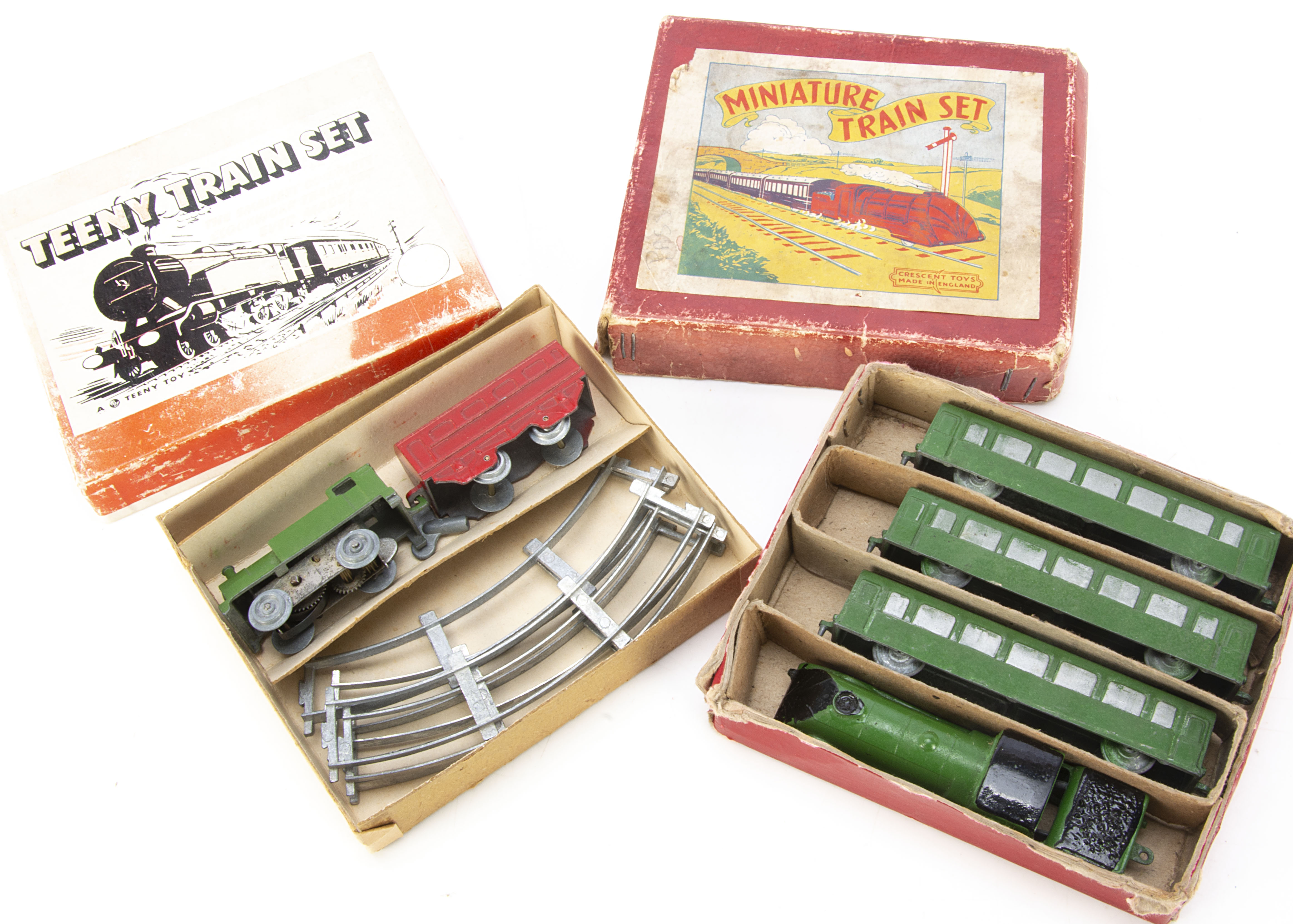 Teeny Toy Diecast Clockwork Train Set, comprising Loco, Coach, six piece circular track, original