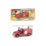 A CIJ Ref No.3/30 Fire Engine, red body and plastic hubs, two firemen, silver ladder, black tyres,