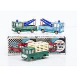 Maxwell Toys No.538 Brake Service Van, two examples, green, light blue, No.548 Animal Carrier, green