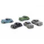 Timpo Toys Packard Saloon, five examples, black, light blue, light grey, grey, all with aluminium