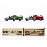 Timpo Toys Articulated Petrol Tankers, two examples, grey cab, green tanker, grey cab, red tanker,