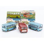 Maxwell Toys No.527 School Bus, four examples, light blue (2), green, red, in original boxes, VG-