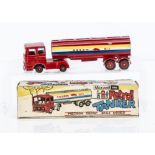 Maxwell Toys No.604 'Assam Oil' Petrol Tanker, red cab and tanker with yellow/white/blue 'Assam Oil'