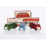 Chad Valley Clockwork Diecast Midget Coaches, three examples, green, red, light blue, in original