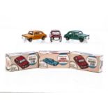 Maxwell Toys No.506 Mercedes 1100, three examples, red, orange, green, in original boxes, E, boxes