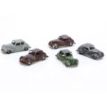 Timpo Toys Alvis Fourteen Saloon, five examples, green, brown (2), light grey, dark grey, all with