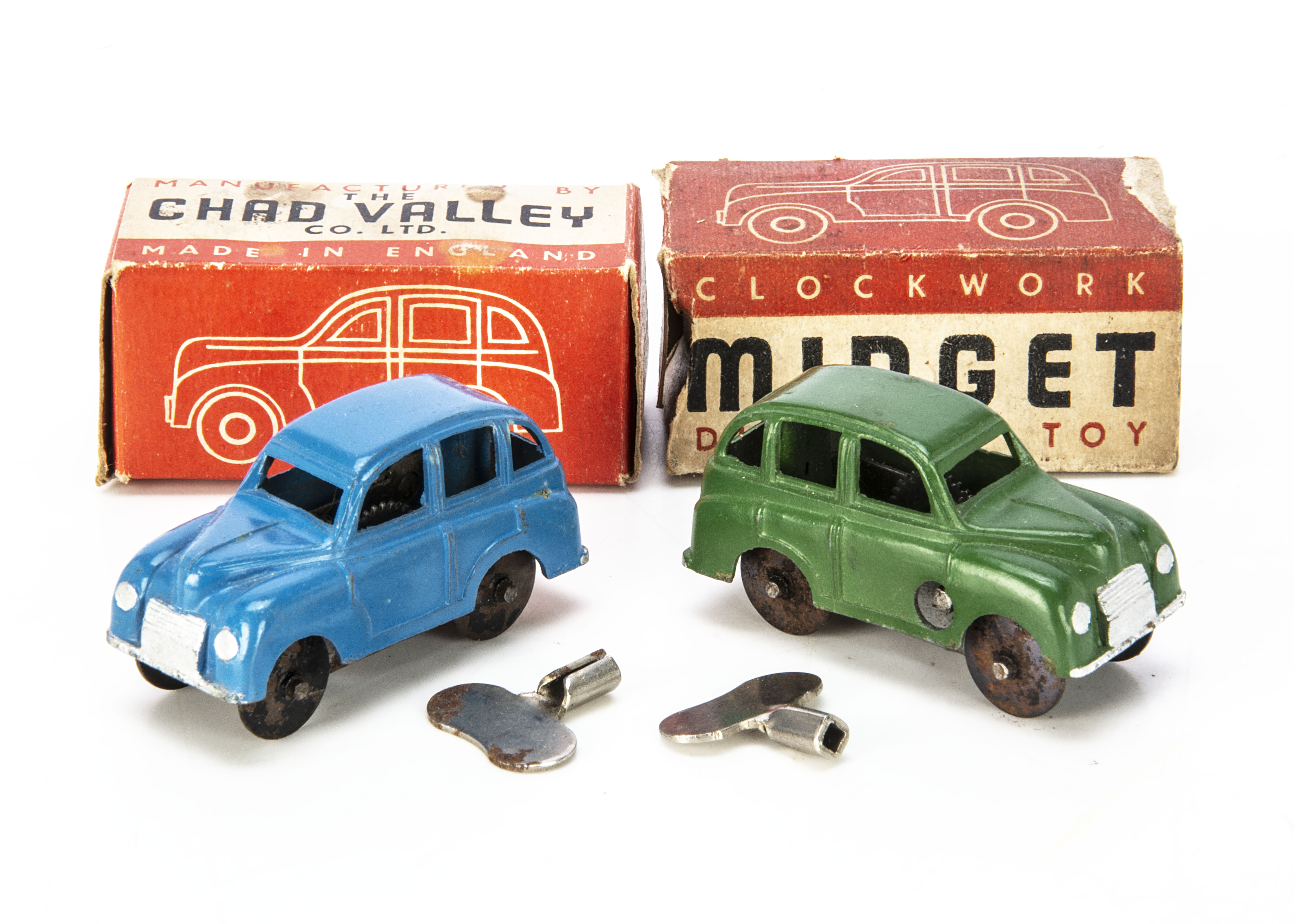 Chad Valley Clockwork Diecast Midget Saloon Cars, two examples, green, blue, in original boxes