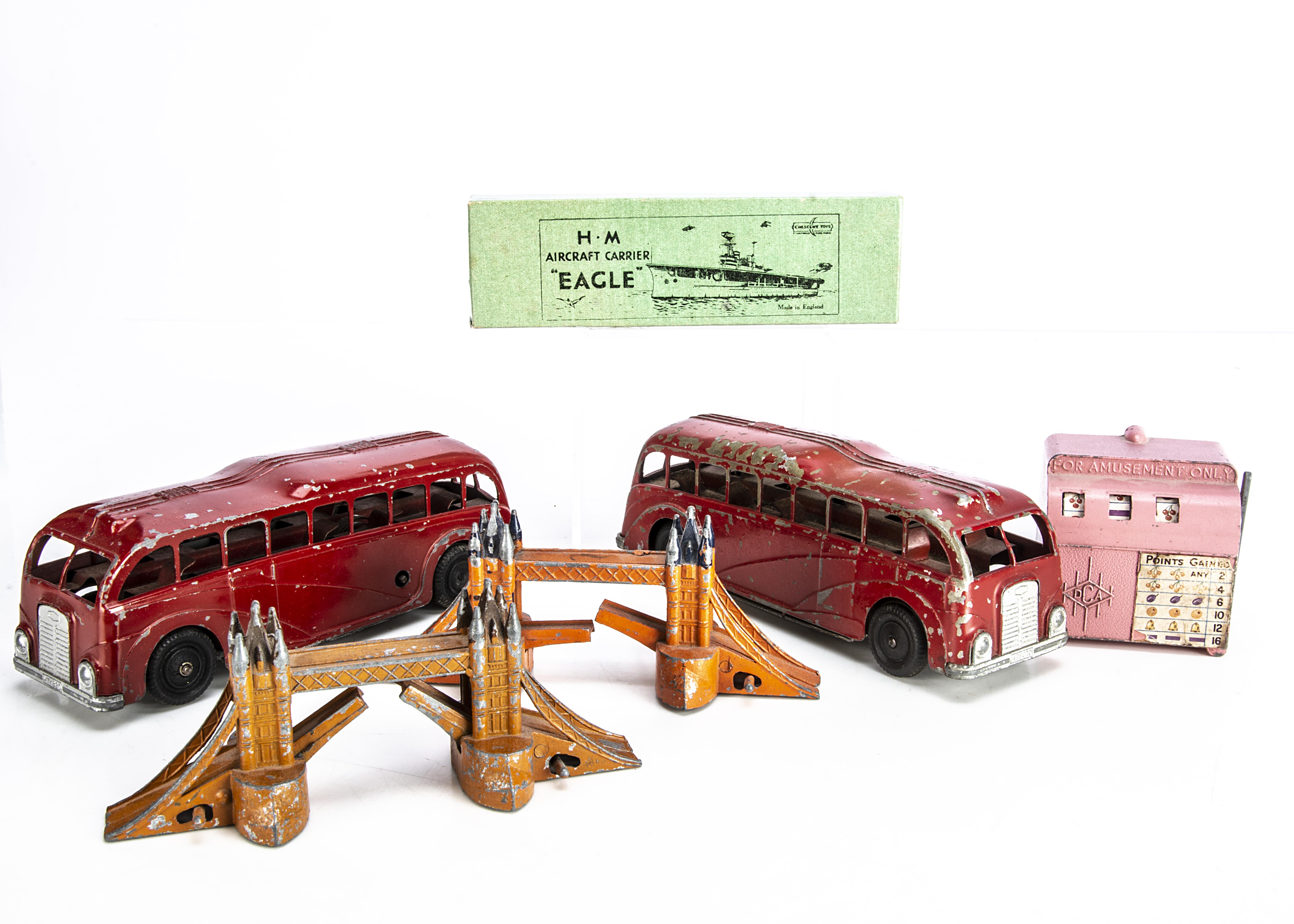 British Diecast Toys, Mettoy Castoys diecast clockwork Streamline Bus, red (2), Eebee Toys Tower