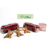 British Diecast Toys, Mettoy Castoys diecast clockwork Streamline Bus, red (2), Eebee Toys Tower