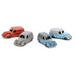 Timpo Toys Friction Drive Utility Vans, four examples, orange, grey, light blue/grey, light blue/