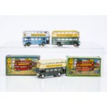 Maxwell & Milton Toys Double Decker Buses, three examples, light blue lower body, white upper,