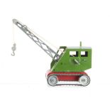 A Teeny Toy (Cleveland Toy Manufacturing) Mobile Crane, green cab, red base, bare metal jib and
