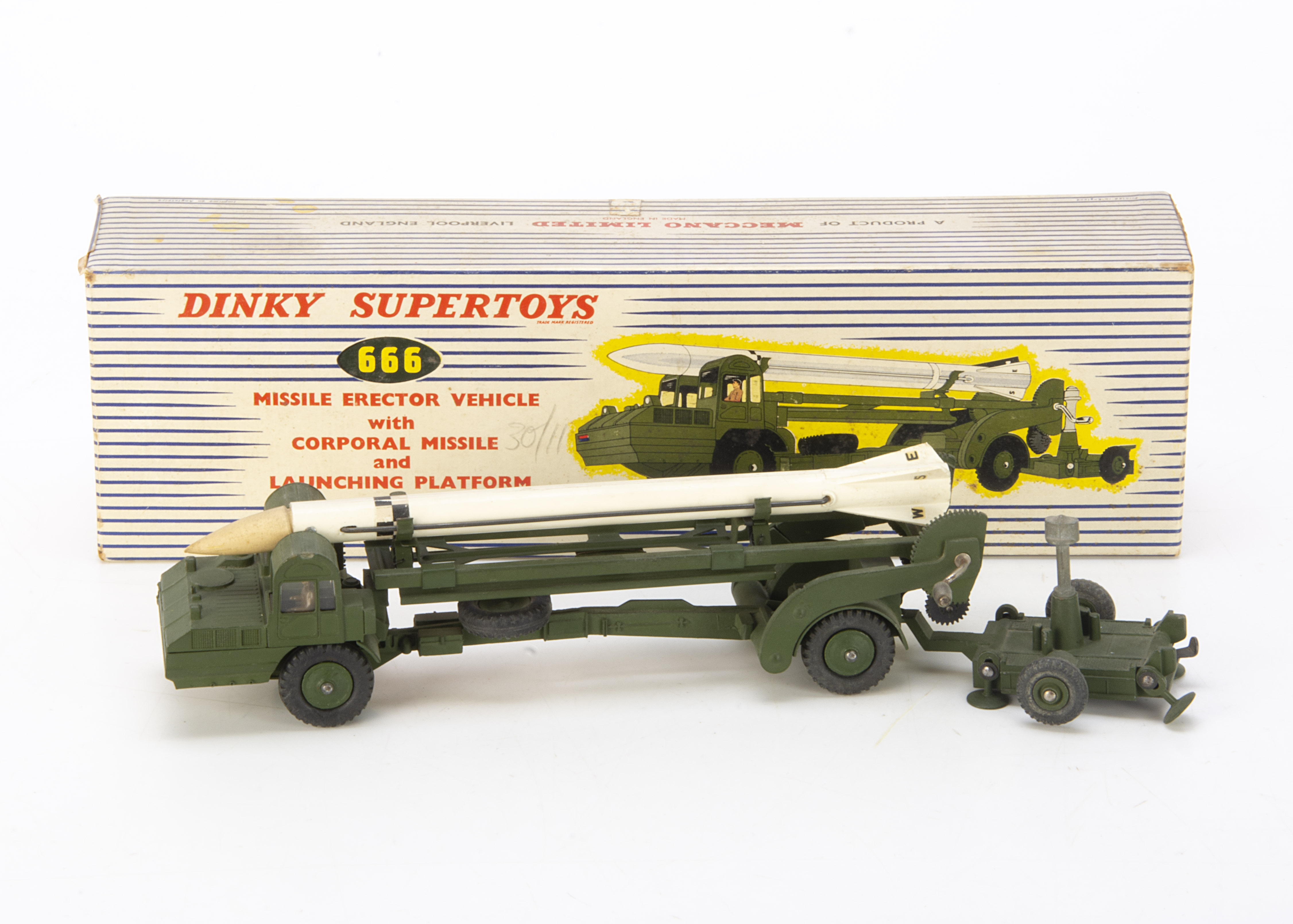 A Dinky Supertoys 666 Missile Erector Vehicle, with Corporal Missile and Launching Platform, in