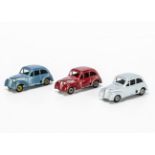 CIJ Ref No.5/39 Renault Juvaquartre 1939/40, three tinplate clockwork cars, first red with silver