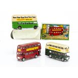 Maxwell & Milton Toys Double Decker Buses, three examples, green lower body, light brown upper,