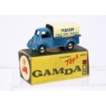 A Gamda Transport Toys Series Covered Truck, blue body, cream tilt, 'Tnuva Dairy Products' decals,