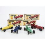 Penguin Series 4 Plastic Rubber Band Drive Racer, four examples, yellow, red, RN4, pastel green,