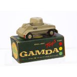 A Gamda Israel Army Toys Series Armoured Car, khaki body and hubs, metal base without Gamda,