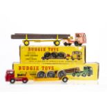 Budgie Toys No.230 Timber Transporter, orange 'BRS' cab, black hubs, yellow trailer, five logs, No.