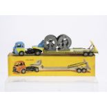 A CIJ Ref No.4/75 Saviem LRS Low-Loader Cable Carrier, light blue and bright yellow cab and trailer,