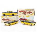 Maxwell Toys No.562 Impala Taxi, three examples, all with yellow lower body, black upper body,