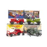 Maxwell Toys Jeeps, No.608 Big Jeep Armoured Car, No.607 Big Jeep Police, in original boxes, with