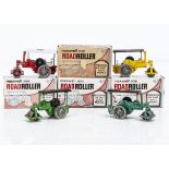 Maxwell Toys No.502 Road Roller, four examples, red, green, yellow and teal, in original boxes, VG-