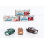 Maxwell Toys No.507 Premier President Fiat 1100, three examples, teal green, brown, orange, in