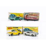 Maxwell Toys No.590 Ford Capri, two examples, teal green, silver, No.509 Vauxhall Guildsman, yellow,