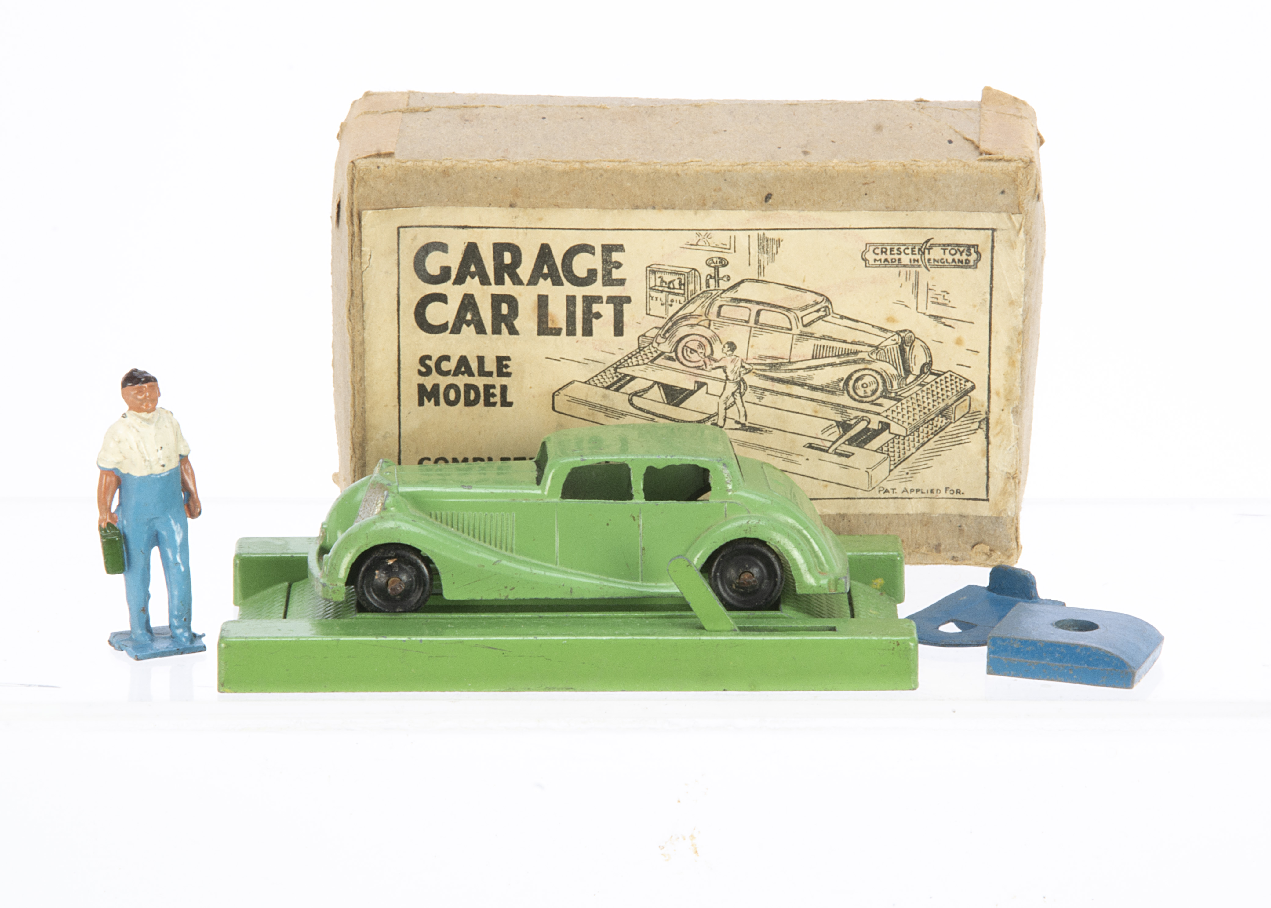 Crescent Toys Garage Car Lift Set, comprising green car lift and saloon car, blue oil bin and '