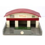 1950's Timpo Garage, hardboard and wood construction, white building with red roof and grey