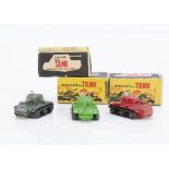 Maxwell Toys No.501 Mini Tank, three examples, red, bright green, military green, in original boxes,