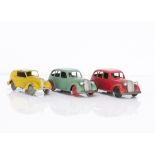 Brimtoy Pocketoy Clockwork Cars, 1939 Vauxhall Saloon (2), red with black plastic hubs, green with