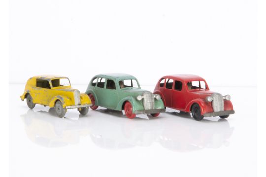 Brimtoy Pocketoy Clockwork Cars, 1939 Vauxhall Saloon (2), red with black plastic hubs, green with